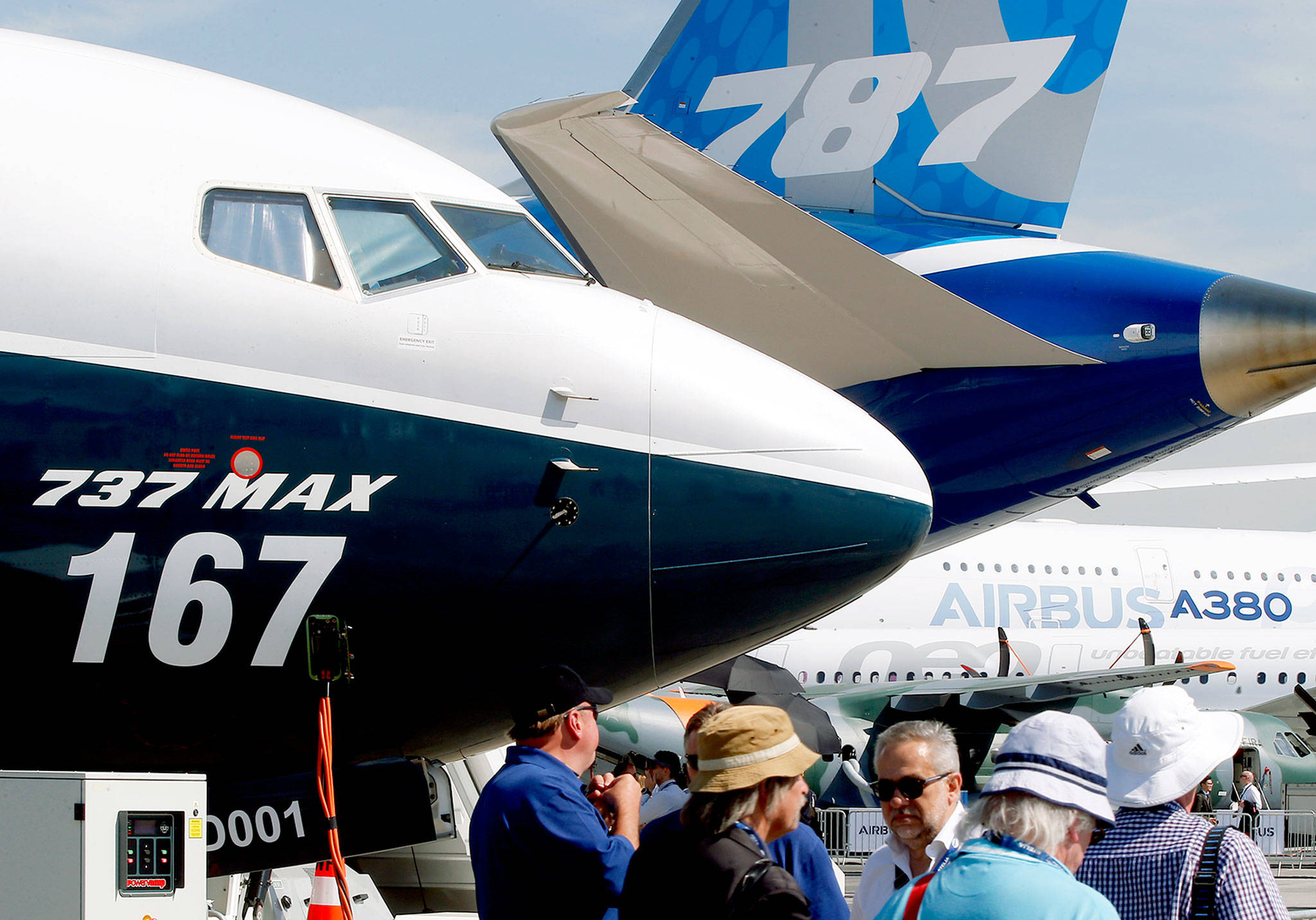 A Boeing 737 Max, a 787 Dreamliner and an Airbus A380 on display at the Paris Air Show in Le Bourget, France, in 2017. (AP Photo/Michel Euler)