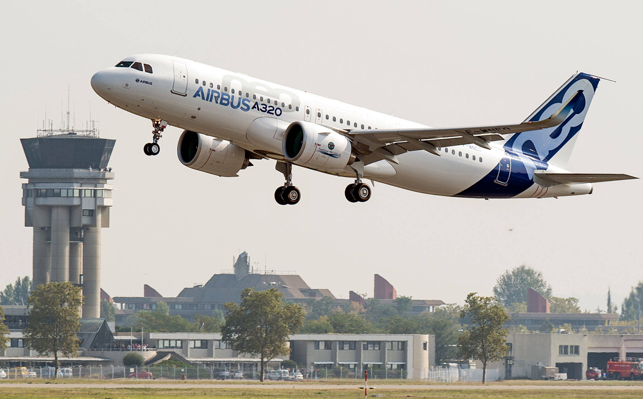 An Airbus A320neo takes off for its first test flight at Toulouse-Blagnac airport in France in 2014. (AP Photo/Frederic Lancelot)