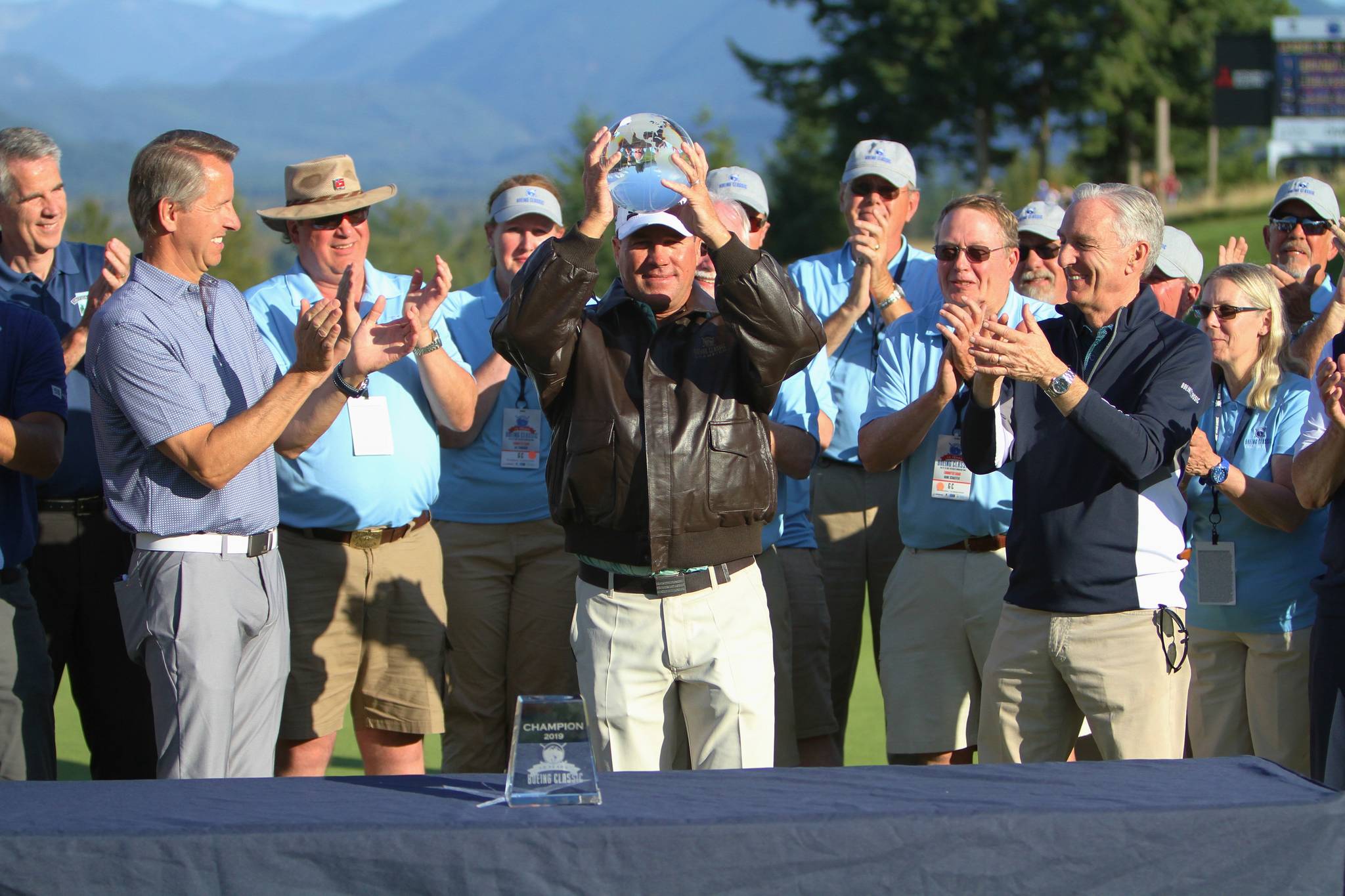 Brandt Jobe receives the champion’s trophy on Aug. 25 at the Boeing Classic held at The Club at Snoqualmie Ridge. Photo courtesy of Jim Nicholson