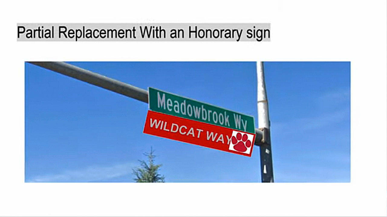 MSHS student photoshop rendering of what the new Wildcat Way street signs may look like. Photo captured from the Aug. 26 city council meeting