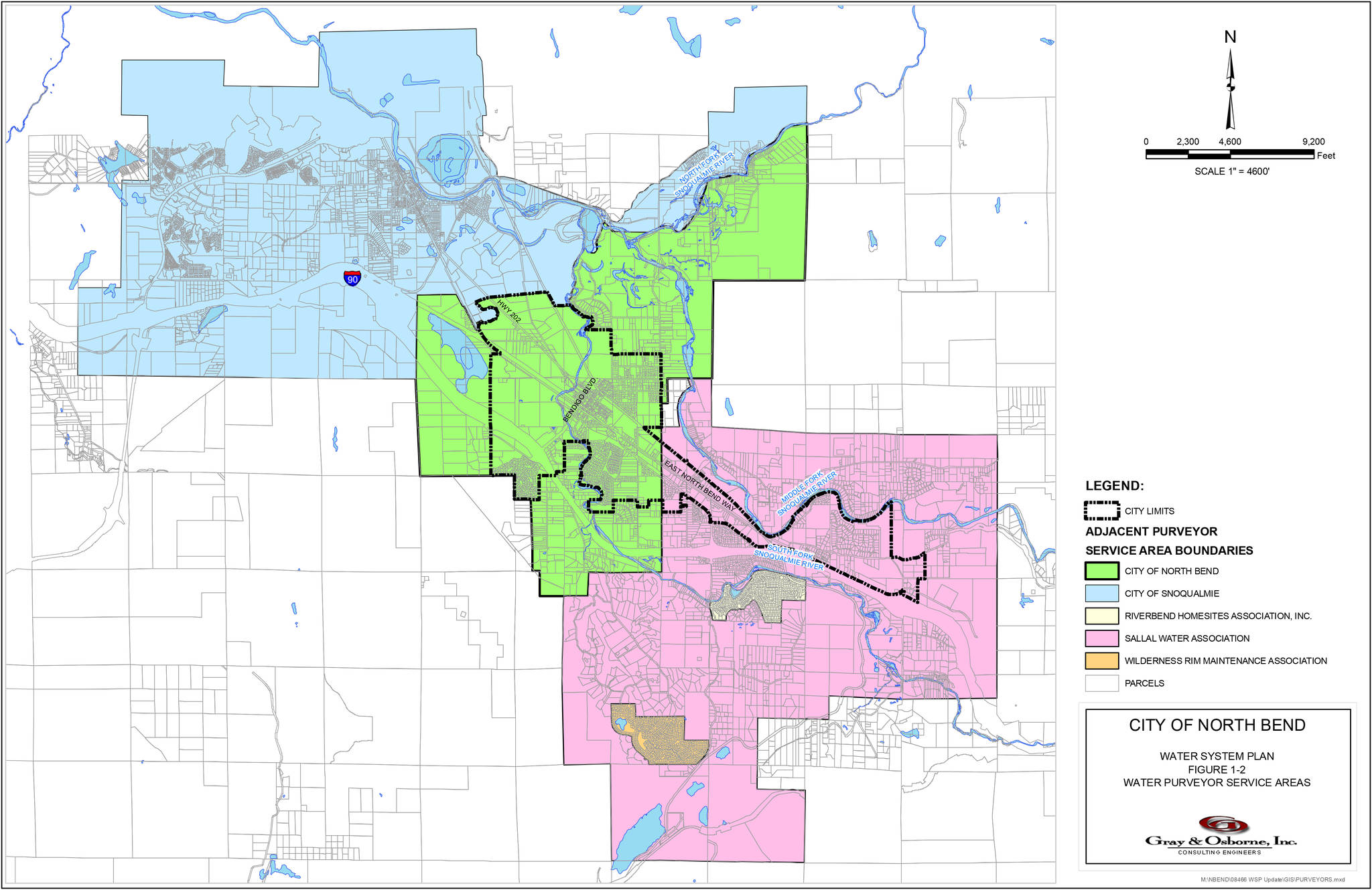 The pink area, serviced by the Sallal Water Association, shown on the map is impacted by the presence of the E. coli bacteria. The green area, the City of North Bend provided water, is safe. Photo courtesy of the City of North Bend