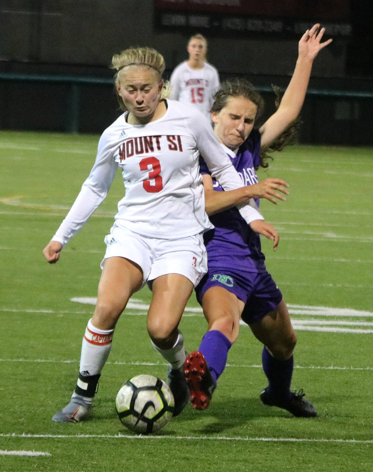 Mount Si’s Sarah Creighton (3) and North Creek’s Maddy Chriest battle for the ball on Oct. 1 at Pop Keeney Stadium. The match ended in a 0-0 draw. Andy Nystrom/ staff photo
