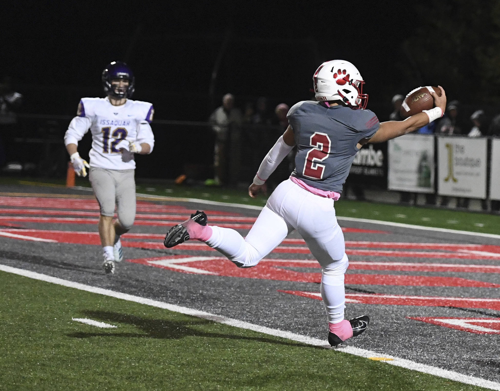 Mount Si wide receiver Cole Norah runs into the end zone after a 13-yard touchdown catch in the third quarter of the Wildcats 34-0 victory over Issaquah on Oct. 11. Photo courtesy of Calder Productions