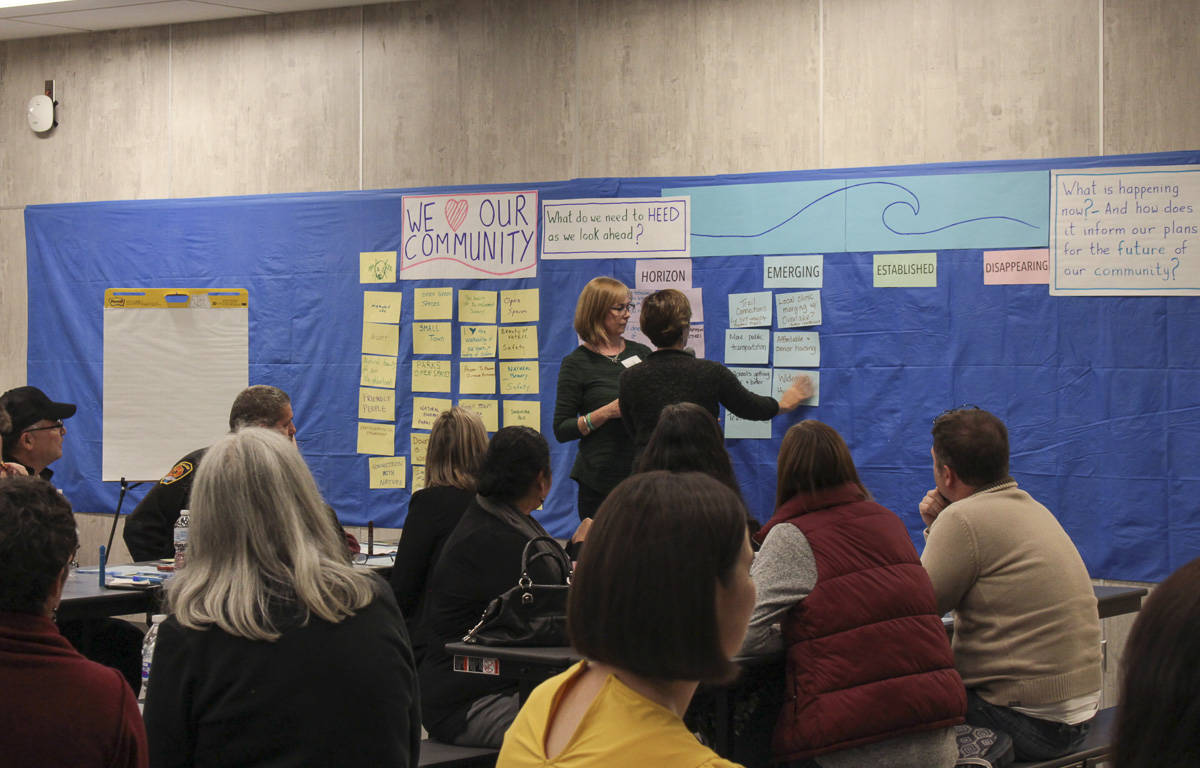 Natalie DeFord/staff photo                                Una McAlinden has a participant place an issue on the board during a town hall meeting discussion about Snoqualmie’s values and future on Oct. 10 at Mount Si High School.
