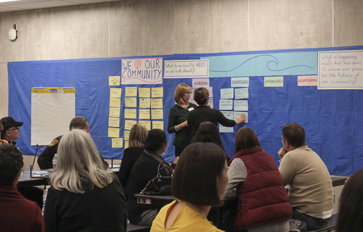 Natalie DeFord/staff photo                                Una McAlinden has a participant place an issue on the board during a town hall meeting discussion about Snoqualmie’s values and future on Oct. 10 at Mount Si High School.