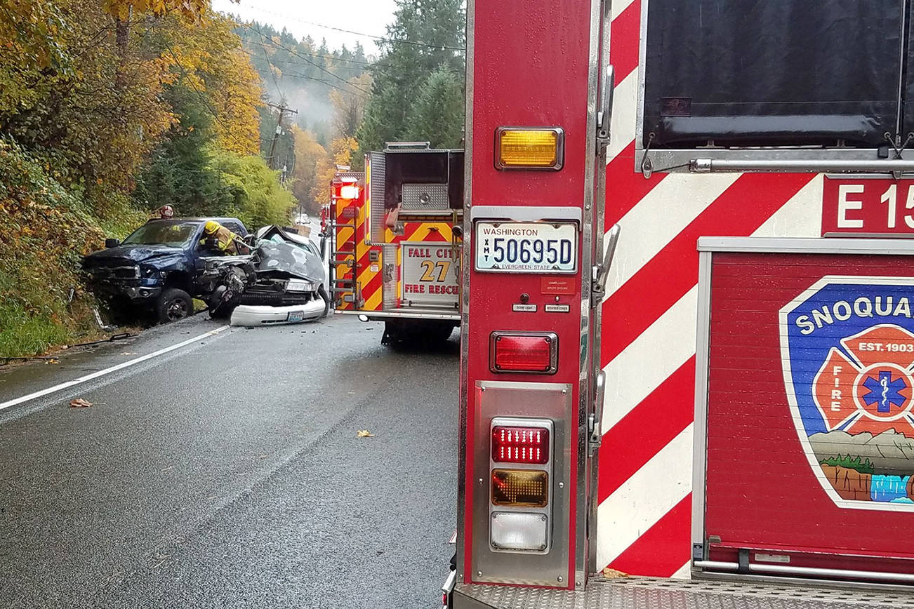 Three people were injured after a two-car accident on Preston-Fall City Road on Oct. 21. Photo courtesy of Snoqualmie Fire Department
