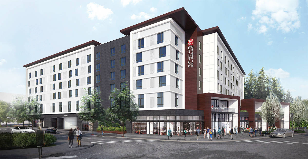 The centrally located Hilton Garden Inn Redmond Town Center (rendering shown here), due to open in early 2020, will appeal to business travellers and local residents alike, with its mix of conference, and food and beverage amenities.