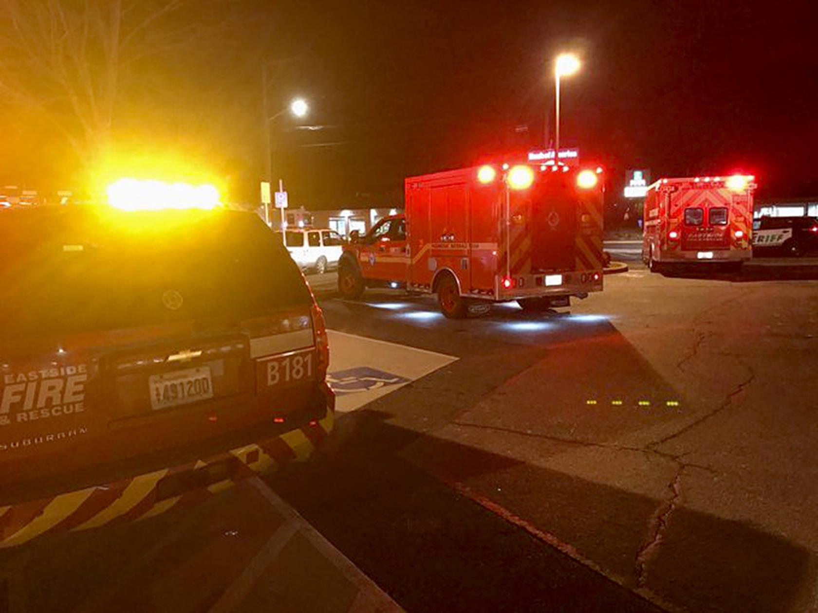 Responders made a showing outside the North Bend movie theater on Nov. 29, after someone called and reported a box they discovered. It was full of urine. Photo courtesy of Eastside Firefighters.