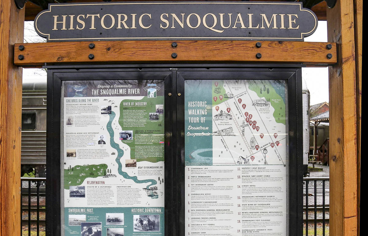 New informational displays adorn the kiosk near the Snoqualmie Depot, depicting a walking tour of the Historic Downtown and its events. The design was created by local artist Kat Marshello. Photo courtesy of the City of Snoqualmie’s website.