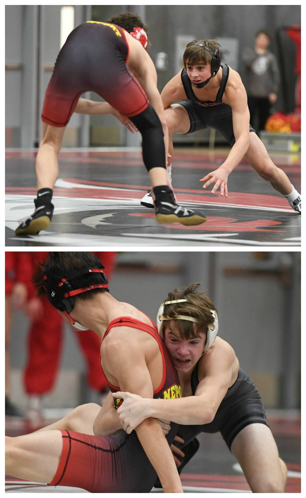 Mount Si wrestlers, top right, Tryon Kaess and Mark Marum, bottom right, compete in 4A KingCo matches this season. Photos courtesy of Calder Productions
