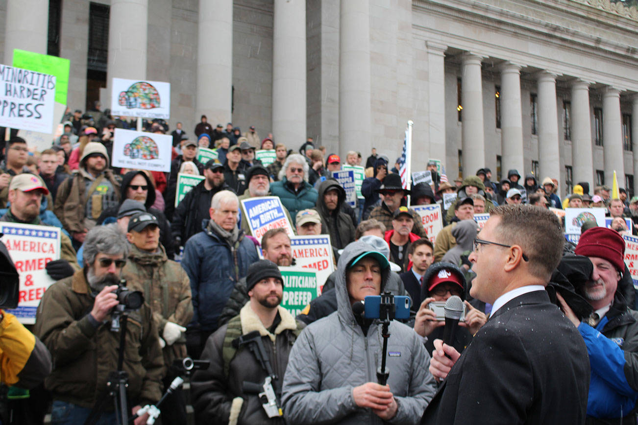 Embattled Rep. Matt Shea, R-Spokane Valley, addresses a crowd of gun rights supporters Jan. 17 at the state Capitol, promising his unwavering commitment to defend the Second Amendment. Photo by Cameron Sheppard, WNPA News Service