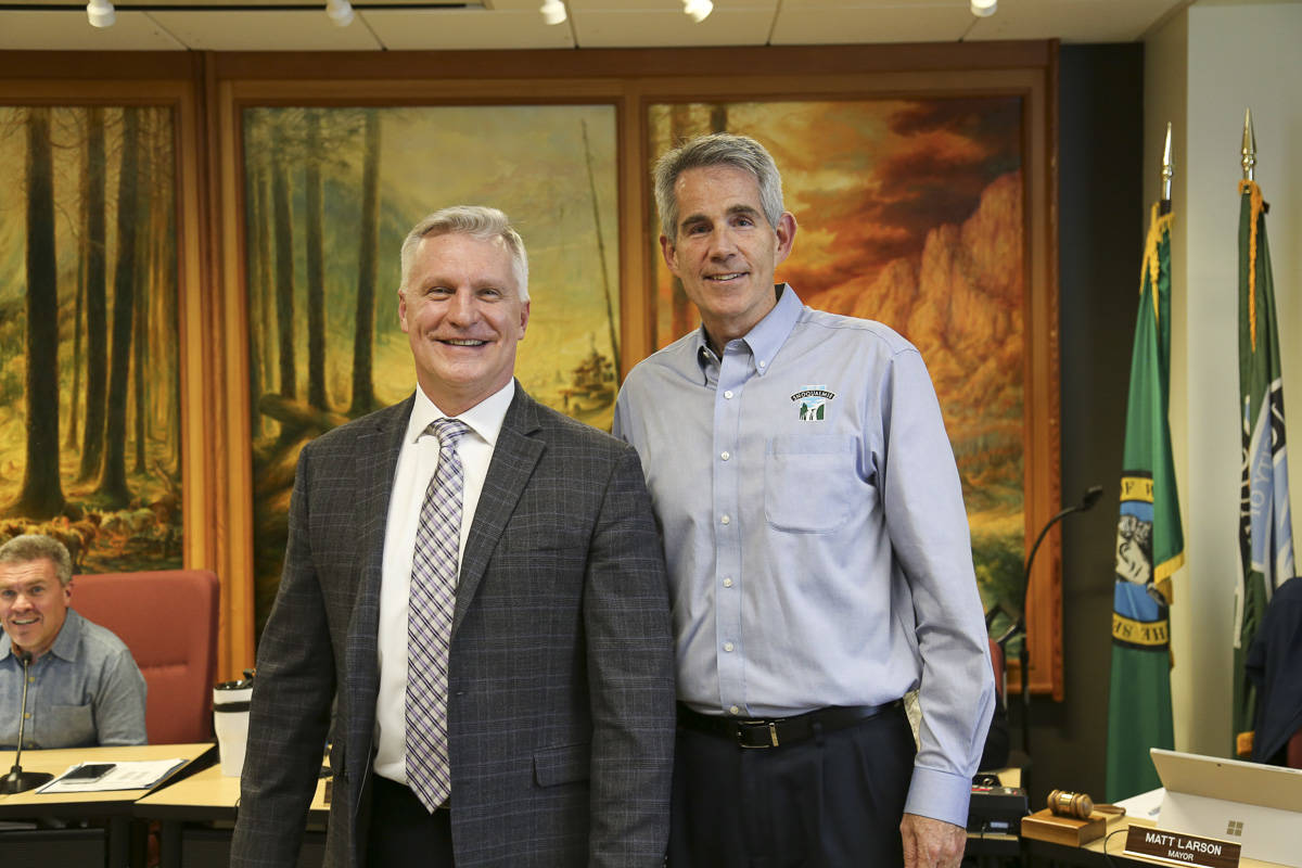 Snoqualmie’s new Interim City Administrator Rick Rudometkin (L) and Mayor Matt Larson. Courtesy photo