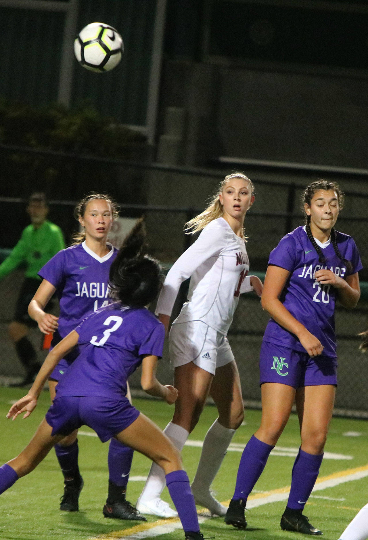 Mount Si’s Joelle Buck, middle in white jersey, was selected to the 4A All-State Girls Soccer first team by the Washington State Soccer Coaches Association. The four-year varsity defensive starter played in every game on the schedule — 58 — during her time with the program. She played a total of 4,721 minutes, only missing nine minutes, and was an integral part of a defense that in four years took Mount Si’s goals-against average from 3.2 (2016) to 1.8 (2019). The Pacific Lutheran University soccer signee was also a four-year varsity basketball player and carries a 3.85 cumulative grade-point average. Andy Nystrom/ staff photo
