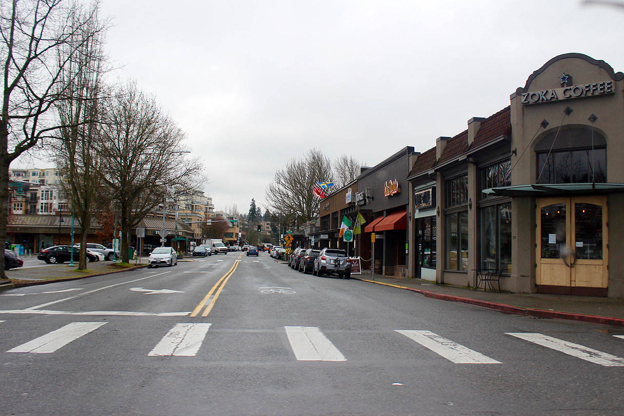 A shot of downtown Kirkland. Samantha St. John of the city’s chamber of commerce said that Kirkland’s business community is likely being more detrimentally affected than others on the Eastside due to the city’s often being deemed the epicenter of the coronavirus epidemic. Blake Peterson/staff photo