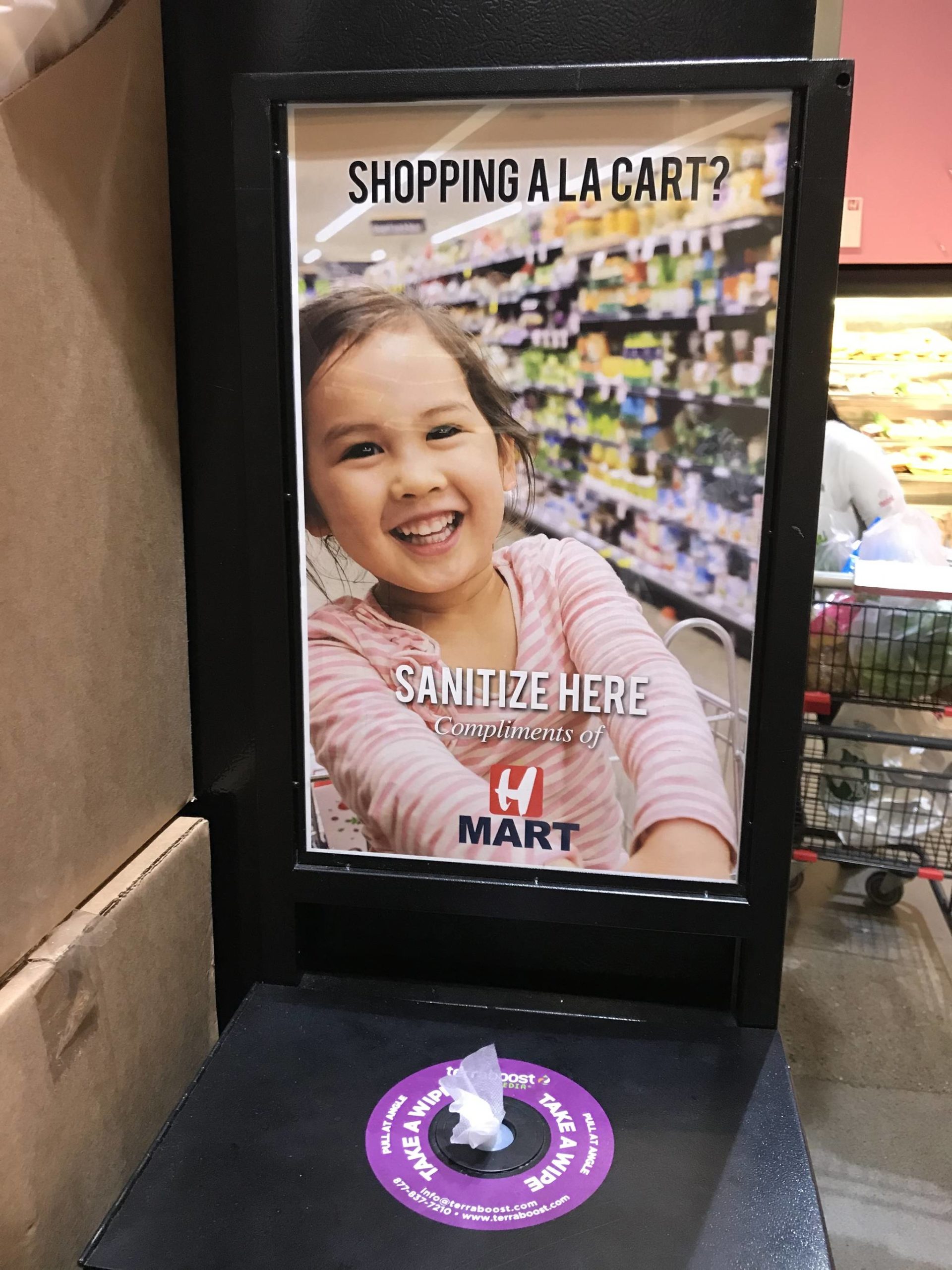 H Mart in Bellevue has added sanitizing wipes throughout its store for customers. Samantha Pak/staff photo