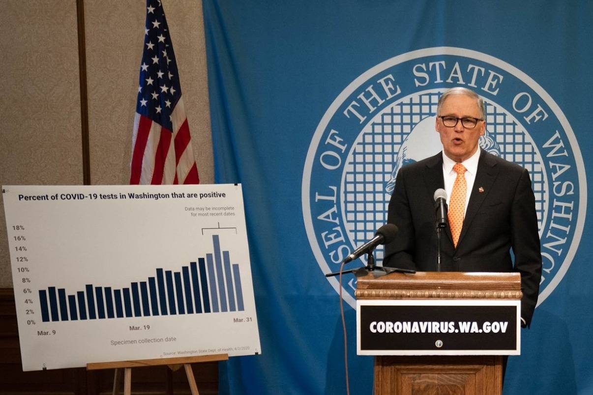 Gov. Jay Inslee during a press conference April 2, 2020. (Photo courtesy of Gov. Inslee’s Facebook page)
