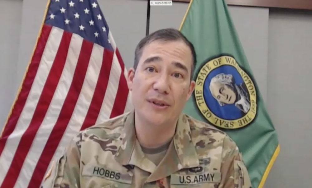 Steve Hobbs of Lake Stevens, a state senator and lieutenant colonel in the National Guard, speaks during Gov. Jay Inslees online press conference Tuesday. Screenshot