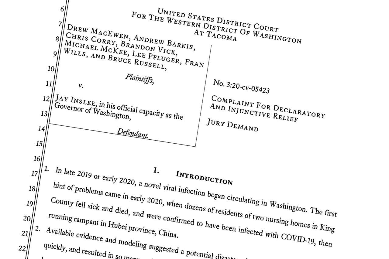 The initial filing of the GOP lawsuit against Gov. Jay Inslee, filed May 5, 2020, did not include all the names of the plaintiffs. You can read the full lawsuit at the end of this article or by visiting https://www.scribd.com/document/462634364/GOP-Lawsuit-against-Gov-Jay-Inslee-s-emergency-lockdown-in-WA. Courtesy image