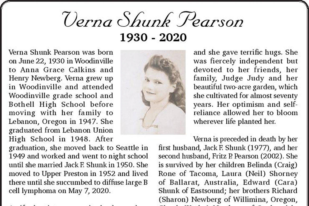 Verna Shunk Pearson Obituary Snoqualmie Valley Record