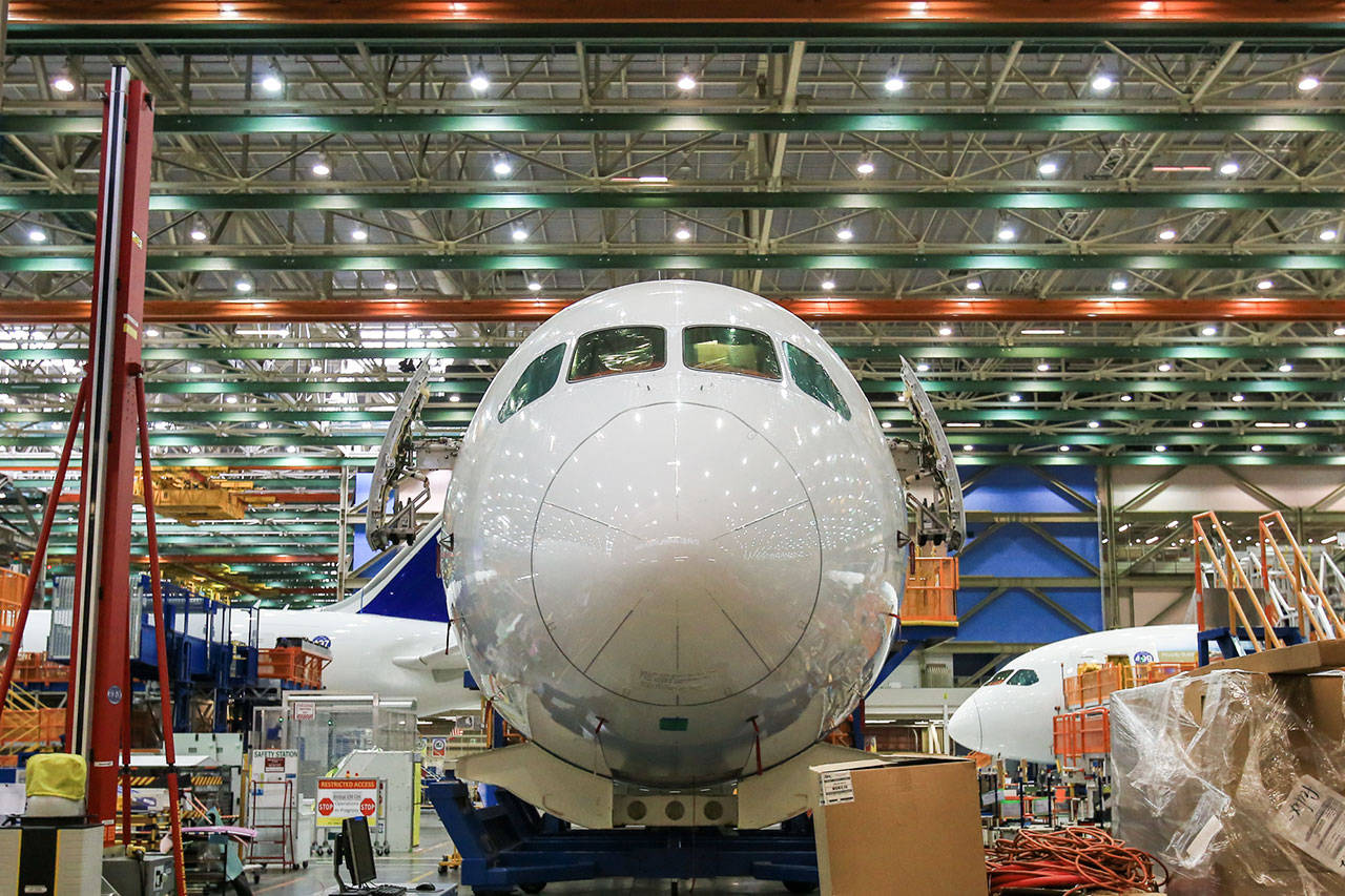 The nose of the 500th 787 Dreamliner at the assembly plant in Everett on Sept. 21, 2016. (Kevin Clark / Herald, file)
