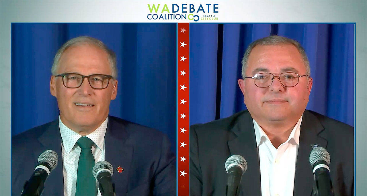 Washingtons Democratic Gov. Jay Inslee (left) and Republican challenger Loren Culp during Wednesdays debate. (TVW)