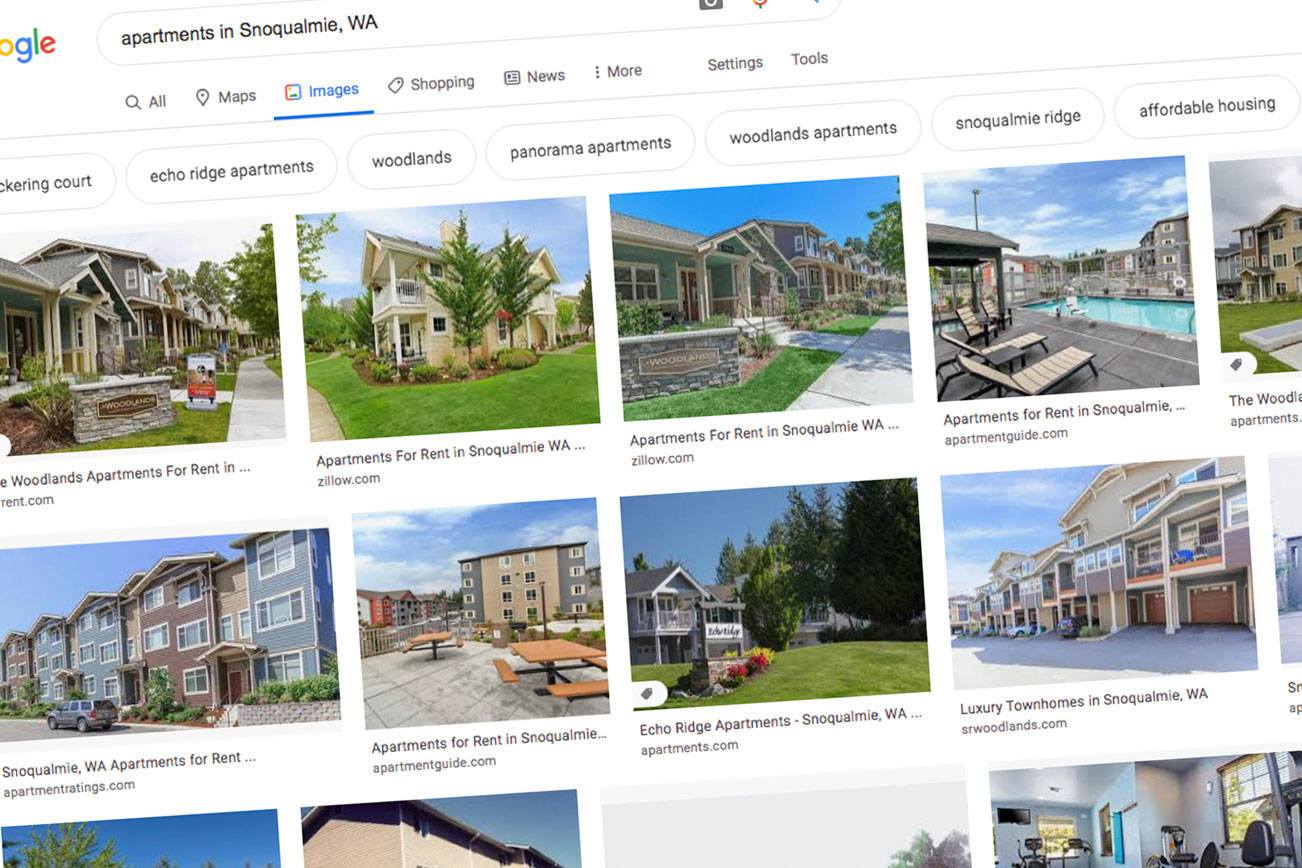 Screenshot of a Google search for apartments in Snoqualmie.