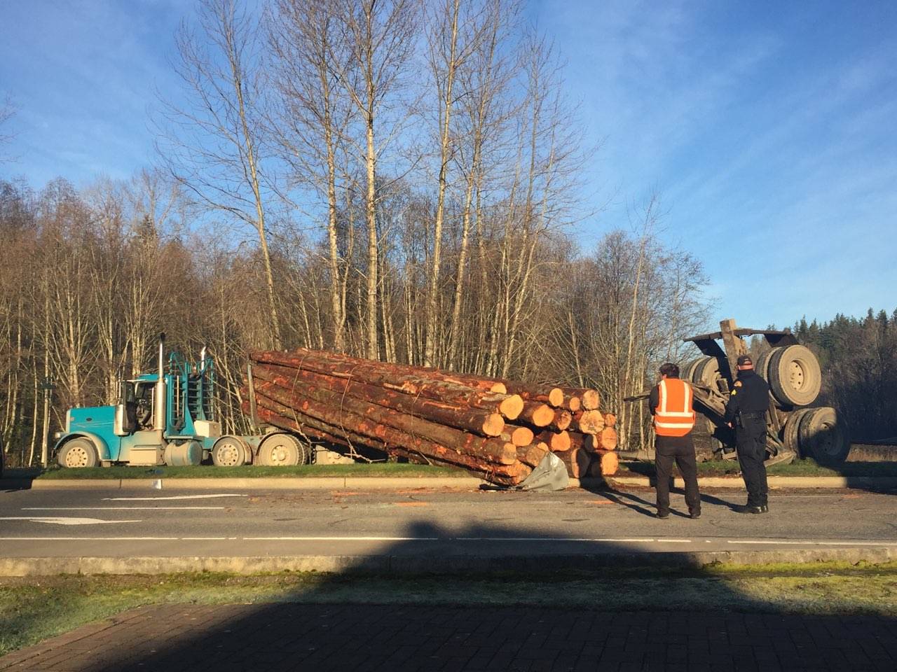 A photo of the log truck accident along SR 202 that closed the highway on the morning of Dec. 4, 2020. William Shaw/Snoqualmie Valley Record