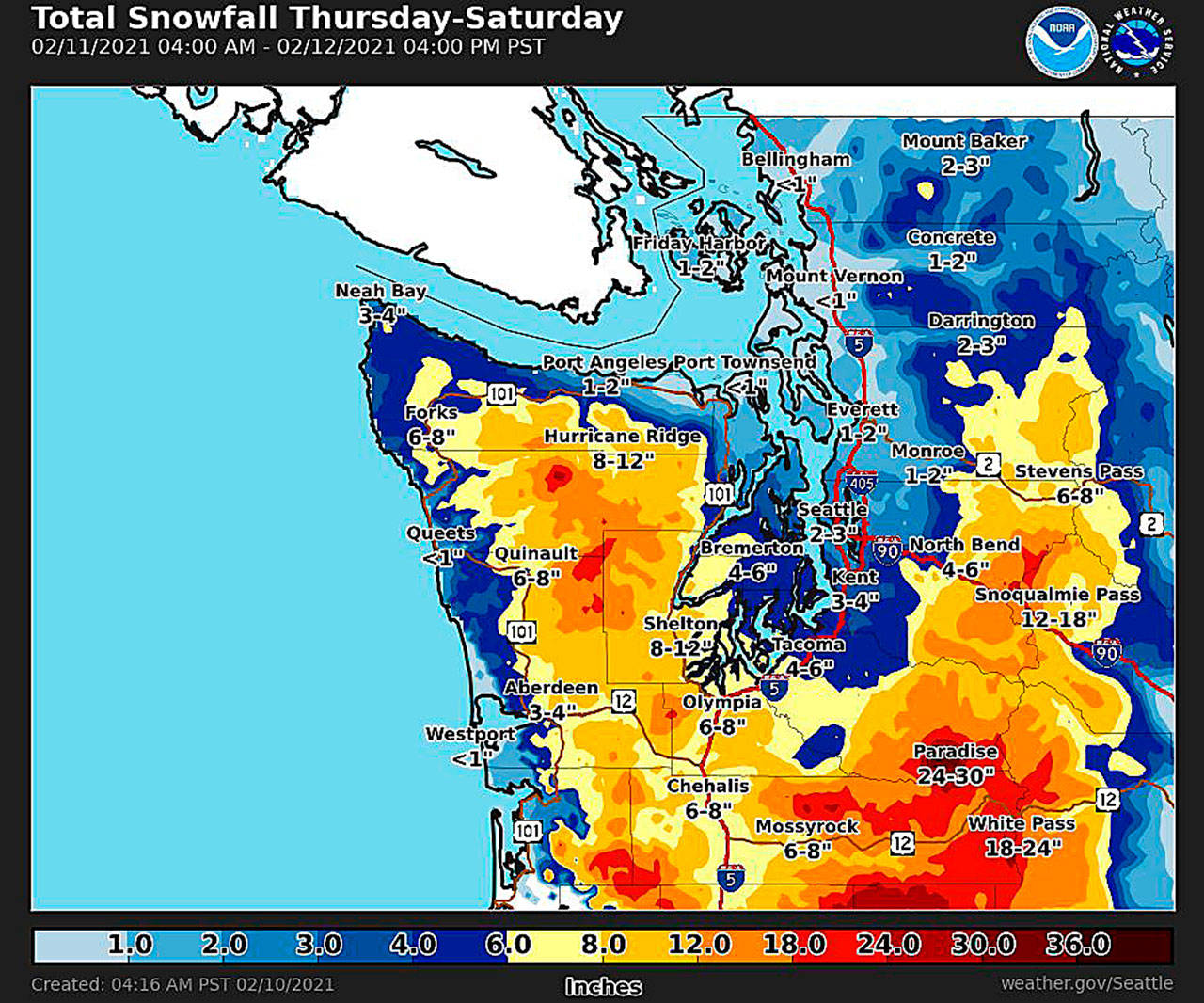 COURTESY NATIONAL WEATHER SERVICE SEATTLE
A Wednesday morning update shows the potential for snowfall Thursday through Saturday.
