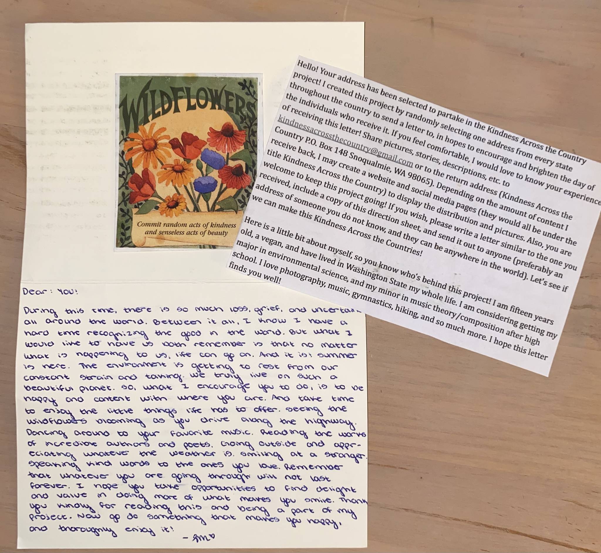 One of the letters Snoqualmie teen Savonnah Mitchell sent out to across the U.S. Mitchell sent a letter to one random house in each state in July. Contributed by Savonnah Mitchell