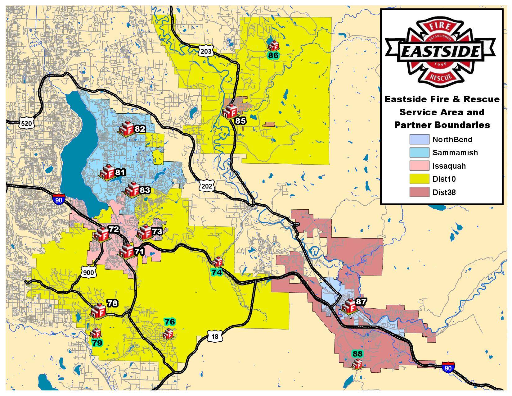 A map showing Eastside Fire and Rescue district boundaries. District 10 is in yellow. From Eastside Fire and Rescue