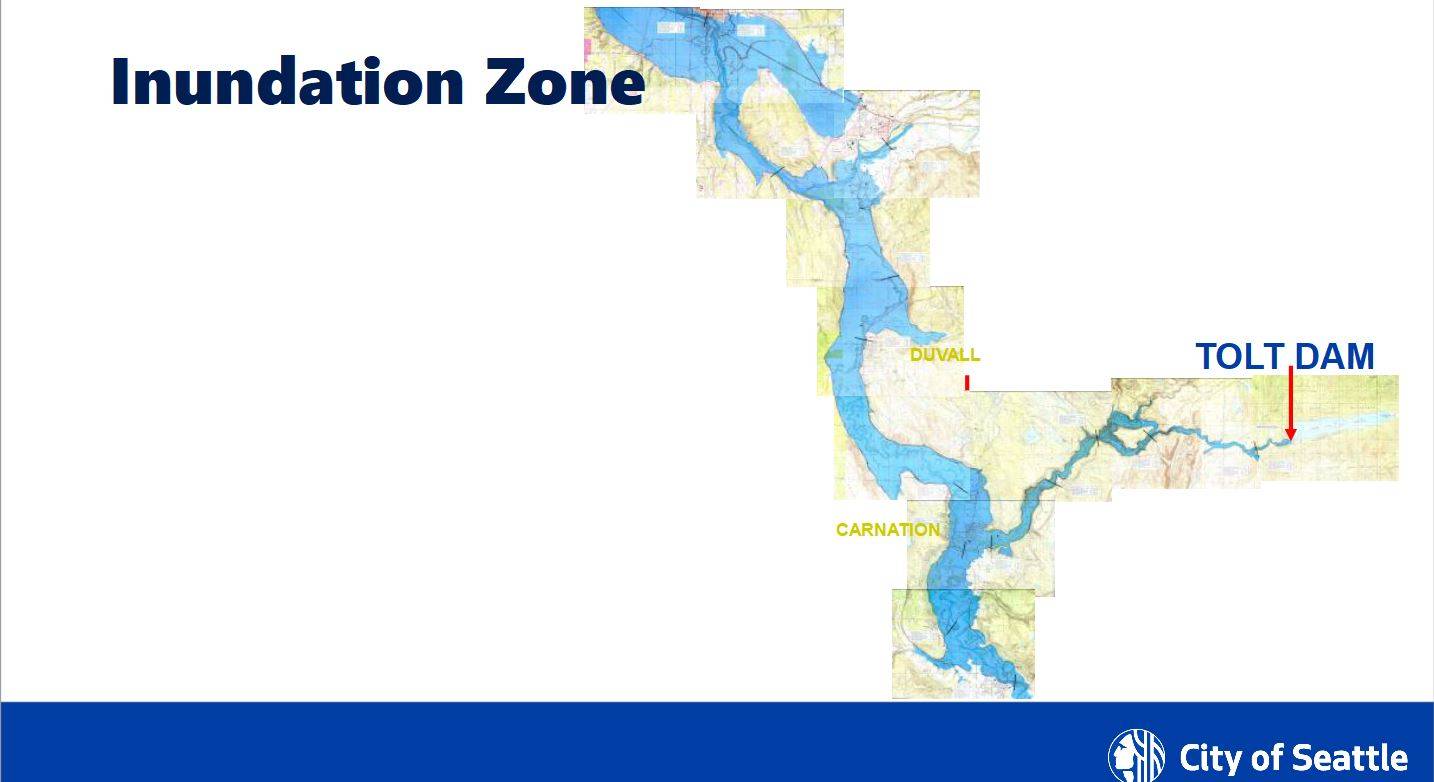 Another map showing areas which could be flooded if the Tolt River Dam were to fail, it shows inundation from Fall City to the south, up through Snohomish County. This map was obtained through a records request made by the Snoqualmie Valley Record to Seattle Public Utilities.