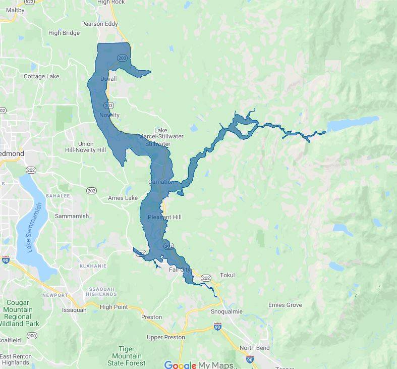 A screenshot of the inundation map released by King County that shows areas of the county which could be flooded if the Tolt River Dam failed.
