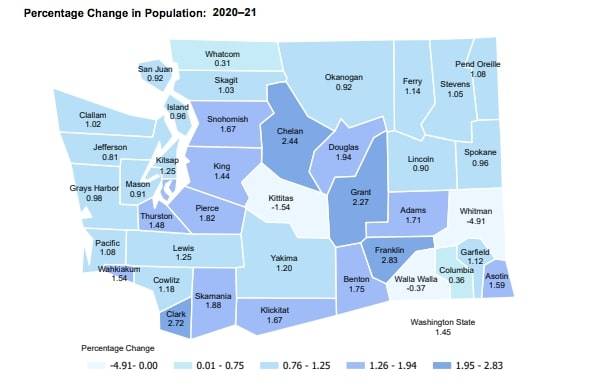 A map of the population growth rate by county between 2020 and 2021. Courtesy of the Washington state Office of Financial Management.