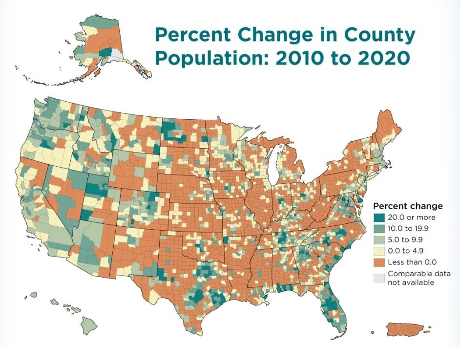 Map of population growth in the United States. Photo courtesy of U.S. Census Bureau.