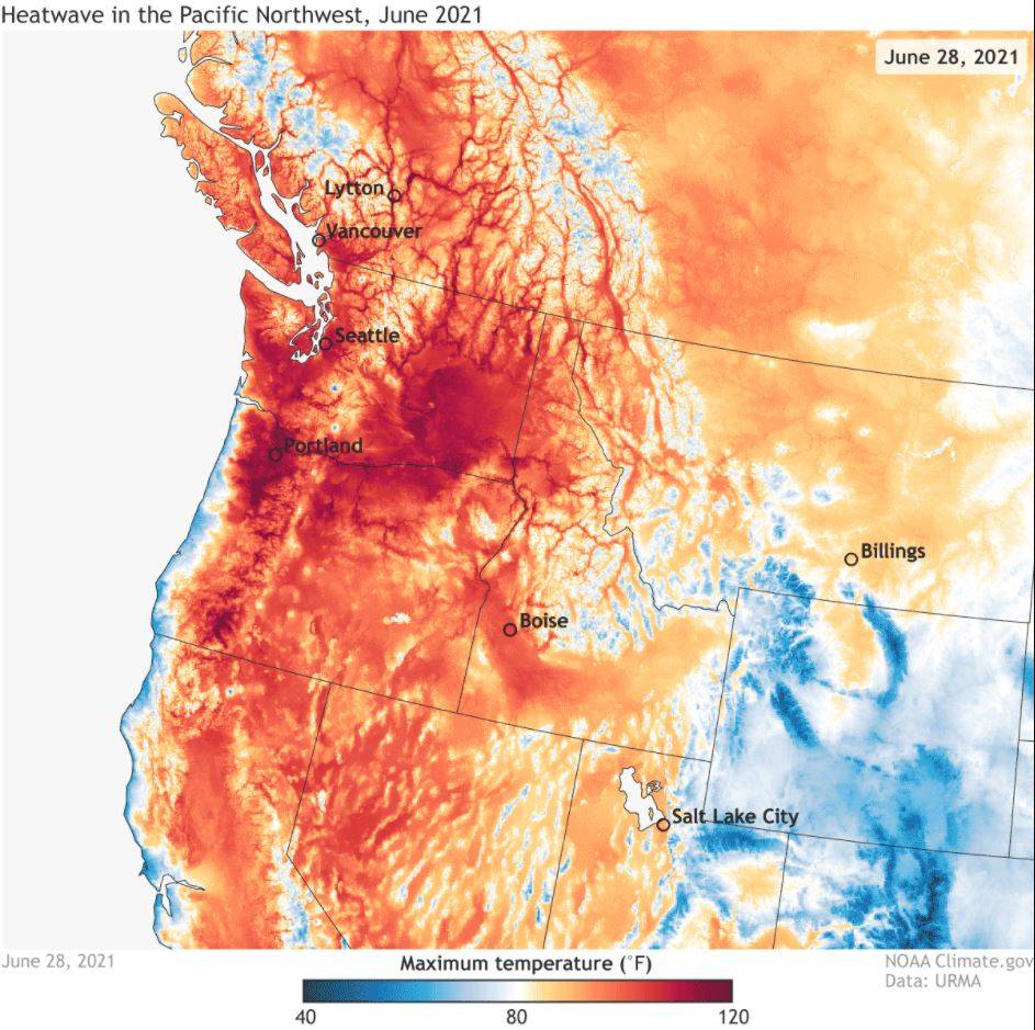Photo Courtesy of the National Oceanic and Atmospheric Administration
A map of heat across the Northwest on June 28, the hottest day in Seattle history.