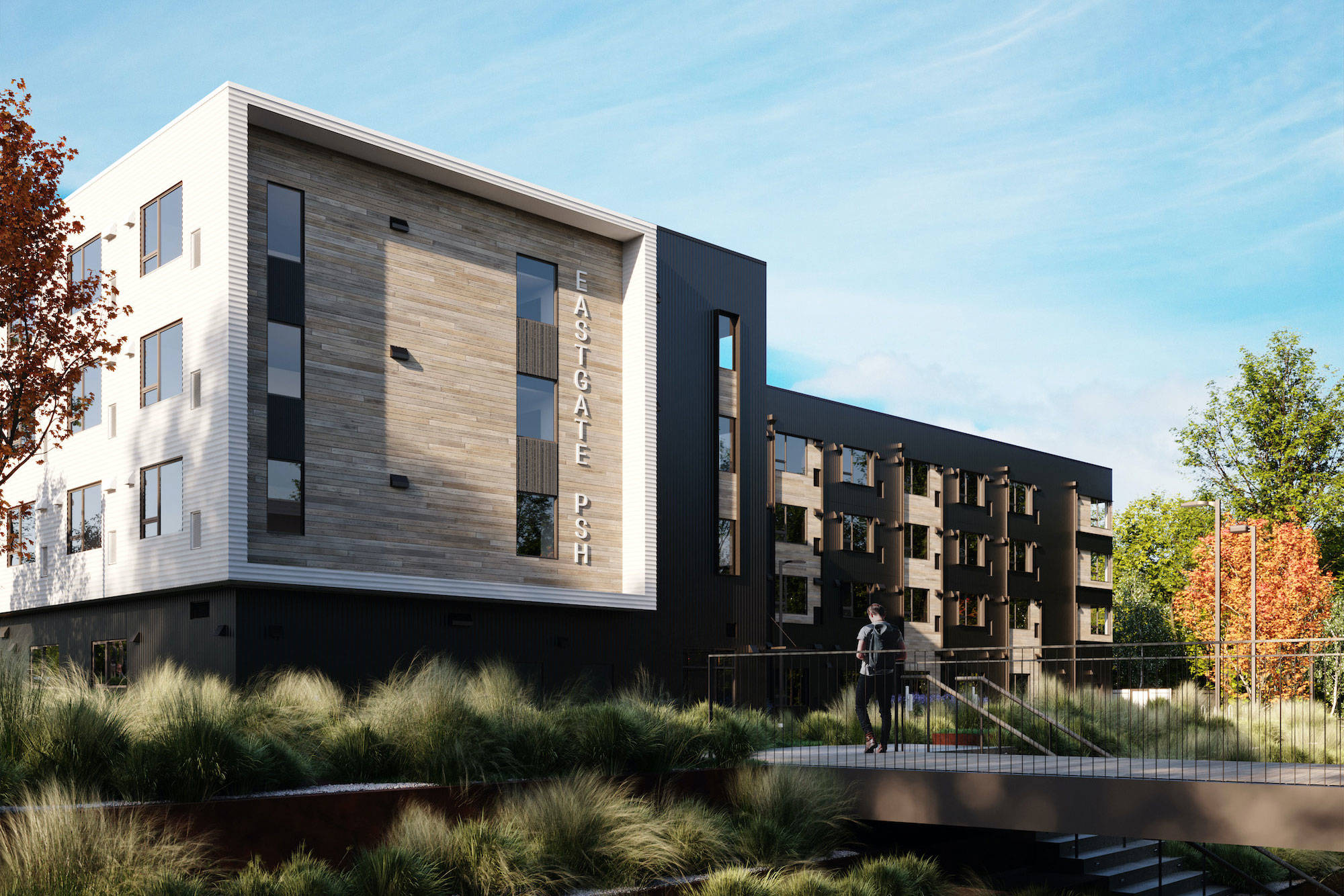 Rendering of completed Eastgate supportive housing facility (courtesy of hoist. / Notion Workshop)