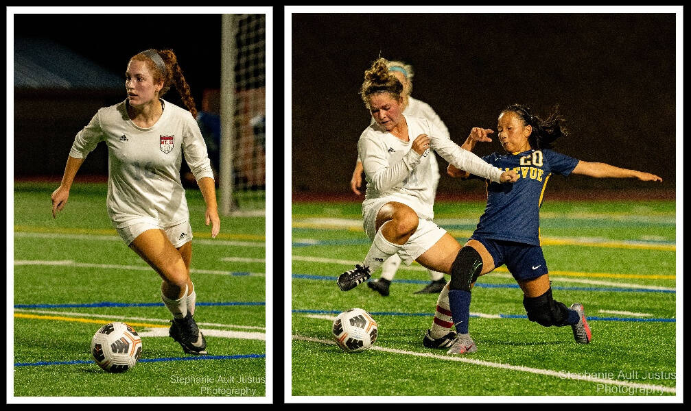Mount Si’s Kendal Forrest, left, scored to give the Wildcats a 1-0 soccer victory over Bellevue on Sept. 14. Also pictured is Mt. Si’s Anna Simmons, left, and Bellevue’s Hinana Takashima. Mount Si was 3-0 in conference and 4-1 overall at press time. Photos courtesy of Stephanie Ault Justus