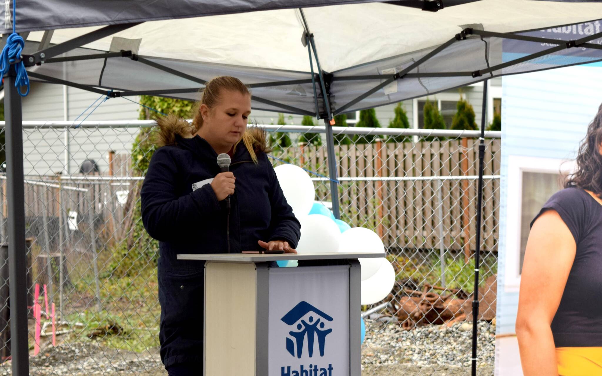 Photo by Conor Wilson/Valley Record
Nicole Evans-Stanley, a Habitat for Humanity homeowner, gives a speech at the Habitat groundbreaking Sept. 28 in North Bend.