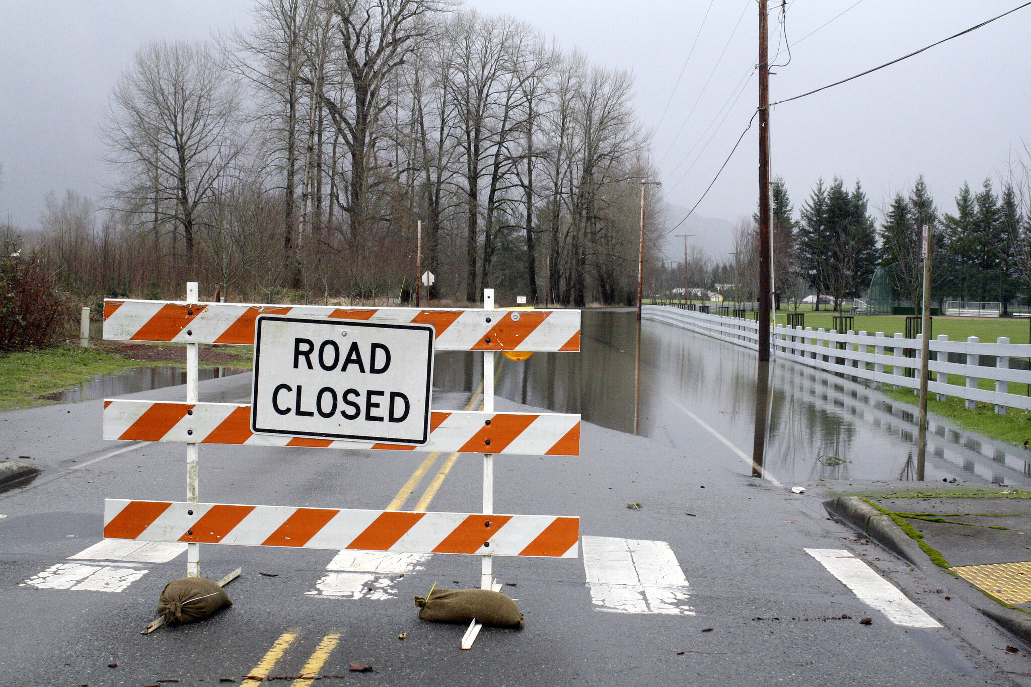 A road closure due to flooding on SE Park Street, Snoqualmie, during the 2016 flood. File photo
