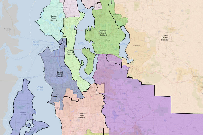 Comparison map between current district map and proposed draft. (Screenshot from King Countys website)
