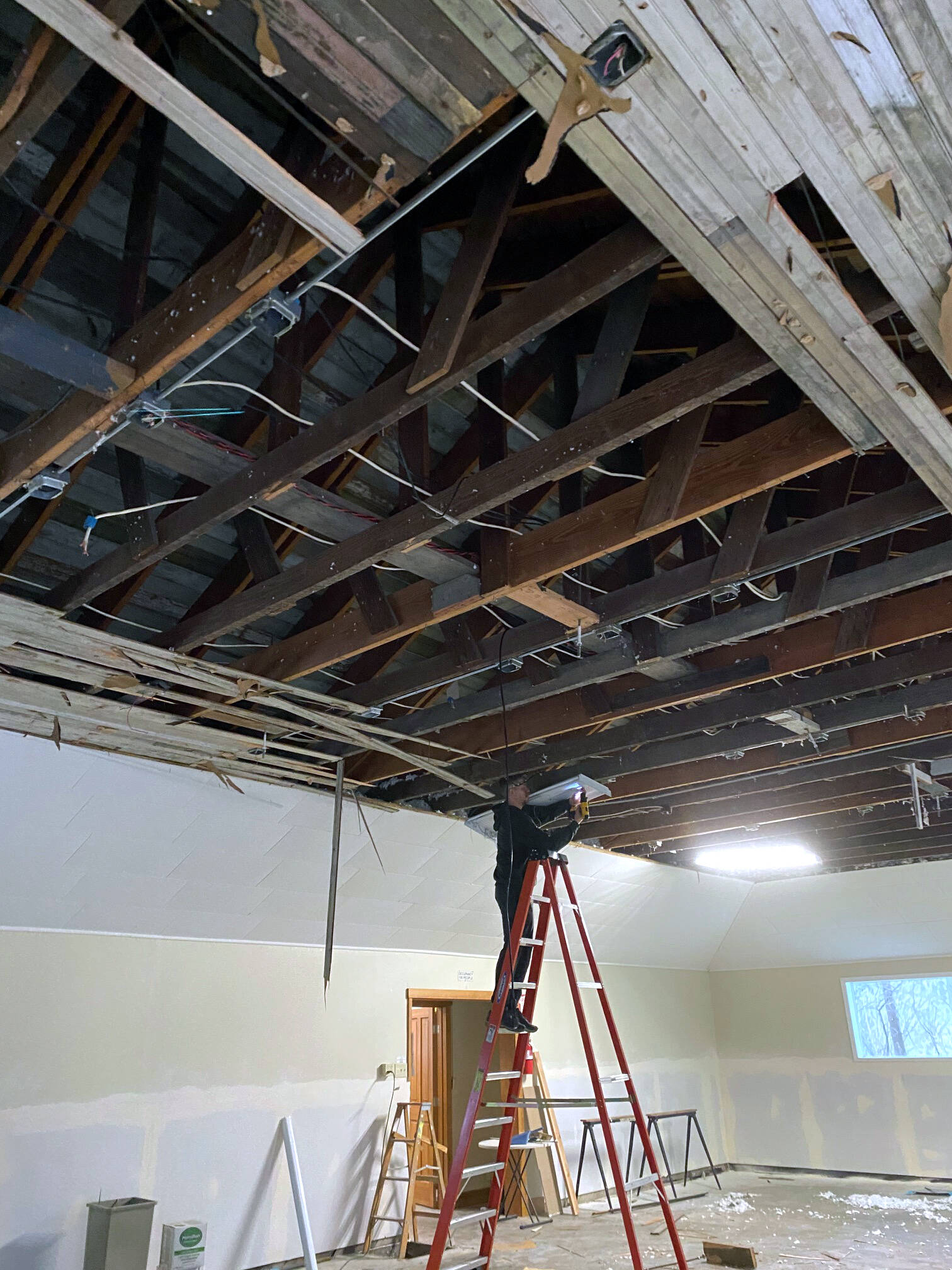 Valley Center Stage raises the ceiling during renovations at at Sallal Grange. Photo Courtesy of Valley Center Stage.