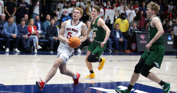 Jabe Mullins with Saint Mary’s men’s basketball vs. USF, Feb. 17, 2022. Photo by Todd Fierner/SMC Athletics