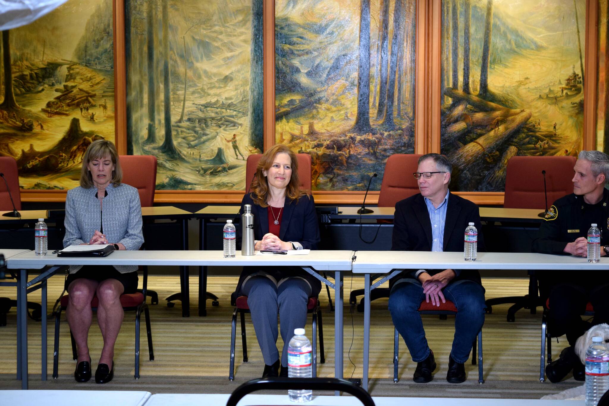Federal, state and local leaders talk about State Route 18 at a roundtable discussion March 23 at Snoqualmie City Hall. From left: Snoqualmie Mayor Katherine Ross, U.S. Rep. Kim Schrier, State Rep. Bill Ramos, Eastside Fire Rescue Assistant Chief Ben Lane. Photo by Conor Wilson/Valley Record