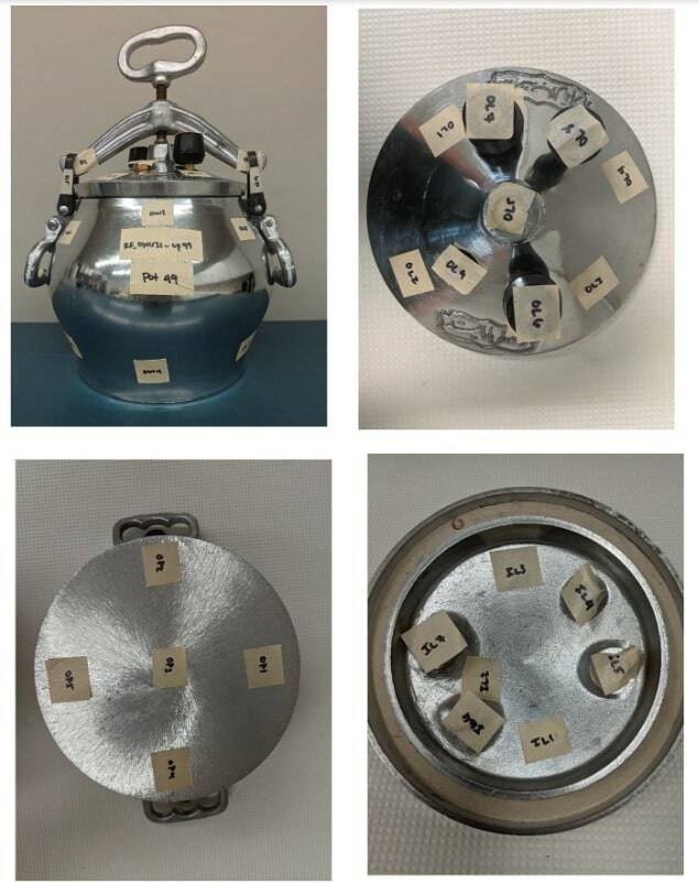 XRF testing locations on an aluminum Afghan pressure cookers. Top left: Pressure cooker body. Bottom left: Base. Top right: Outer surface of lid. Bottom right: Inner surface of lid. Courtesy of Journal of Exposure Science & Environmental Epidemiology.