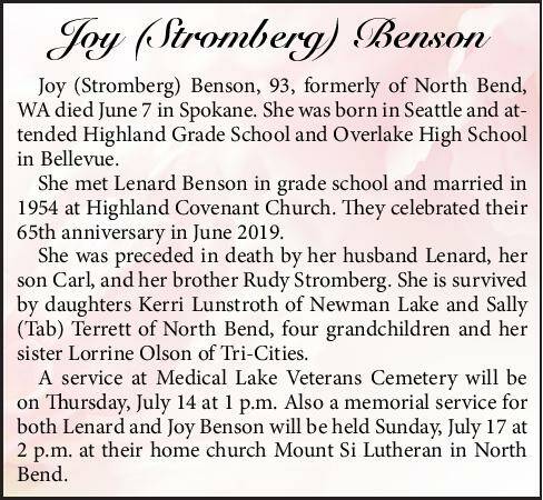 Joy (Stromberg) Benson | Obituary