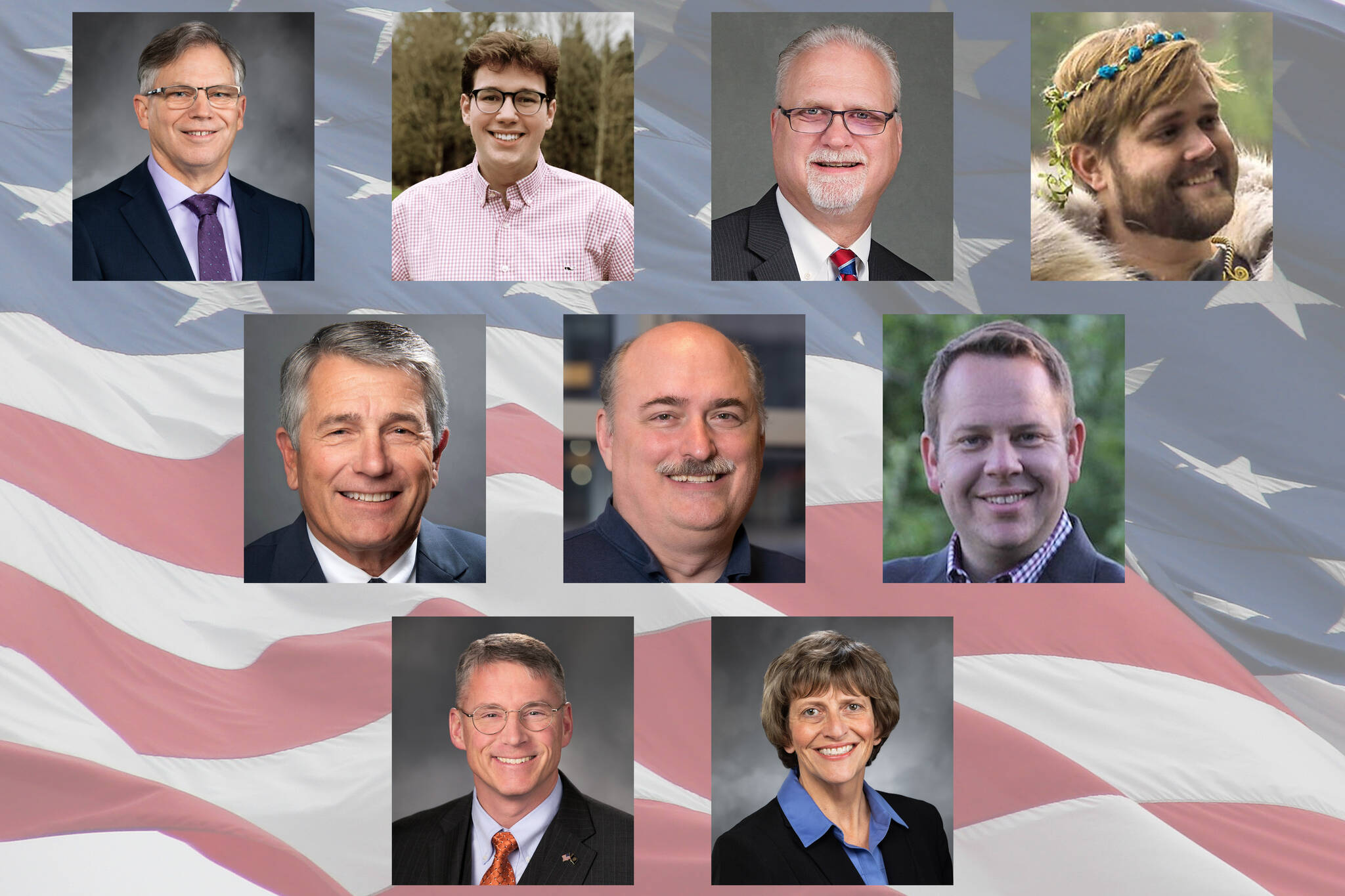 Candidates running for the 5th and 12th legislative districts. Top row: 5th District seat 1 (from left) Bill Ramos, Landon Halverson, Ken Moninski, and Austin Bryant; Middle Row 12th district seat 1 and 2: Keith Goehner, Robert Amenn and Mike Steele; Bottom row 5th District seat 2: Chad Magendanz and Lisa Callan.