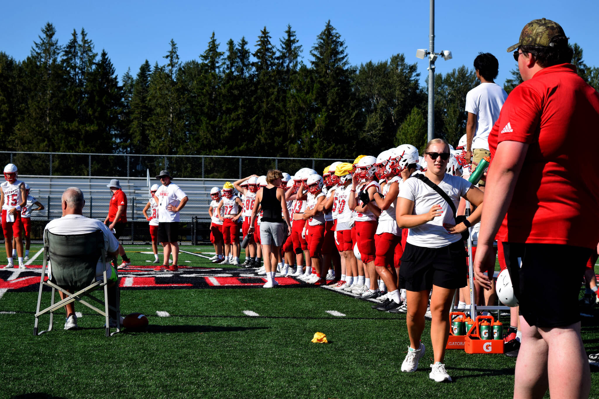 The Mount Si Football lines up at its first official practice of the 2022 season on Aug. 17. Photo Conor Wilson/Valley Record.