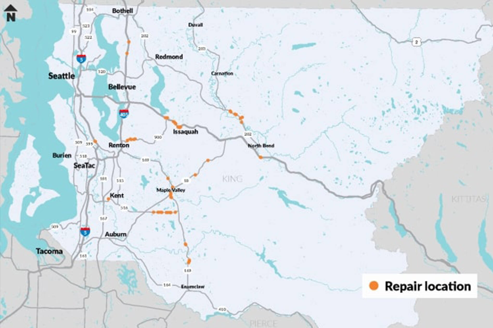 Map of repair locations for the Northwest Region Emergency Pavement repair project. Map Courtesy of Washington state Department of Transportation.