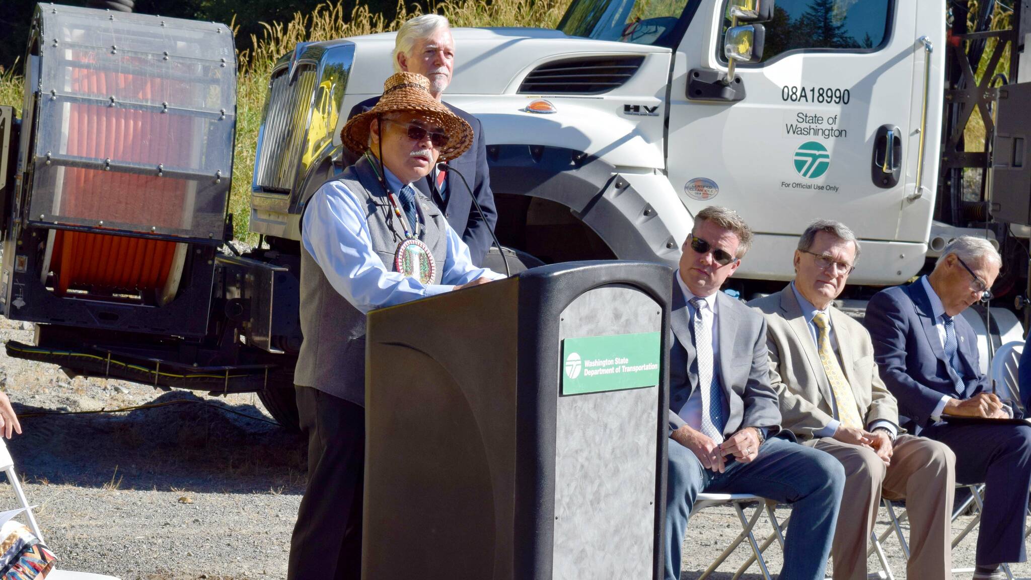 Snoqualmie Tribal Chairman Robert de los Angeles speaks at the I90/SR18 interchange ceremony. Photo by Conor Wilson/Valley Record.