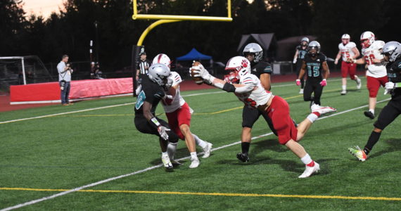 Junior running back Beau Phillips dives for the endzone to give the Wildcats a 14-6 lead against Spanaway Lake. Photo courtesy of Calder Productions.